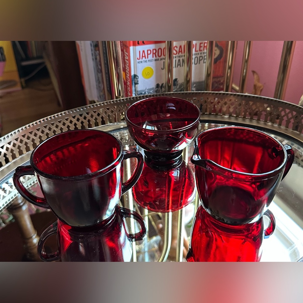 1940's Anchor Hocking Monarch Royal Ruby Red Glass Cream Sugar Compote Bowl Set